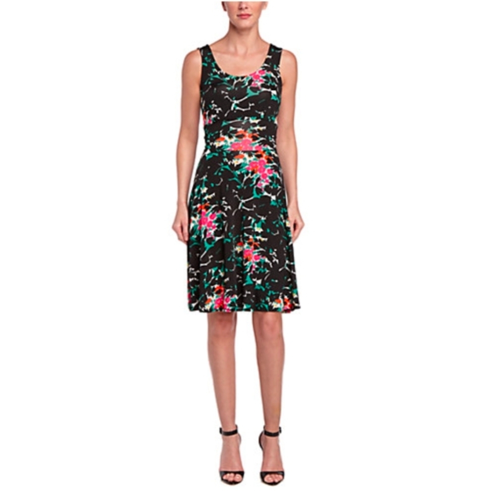Leota Brittany Black and Pink Floral Midi Dress XS